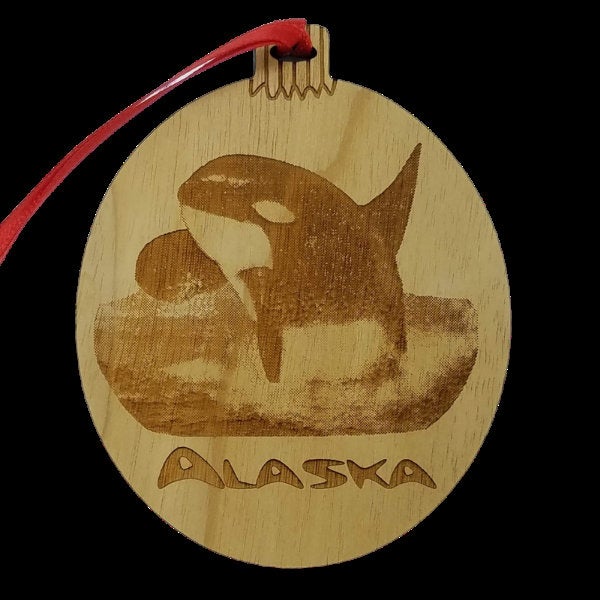 Alaska Whale Christmas Ornament Wood Laser Cut and Engraved - Killer Whale Orca