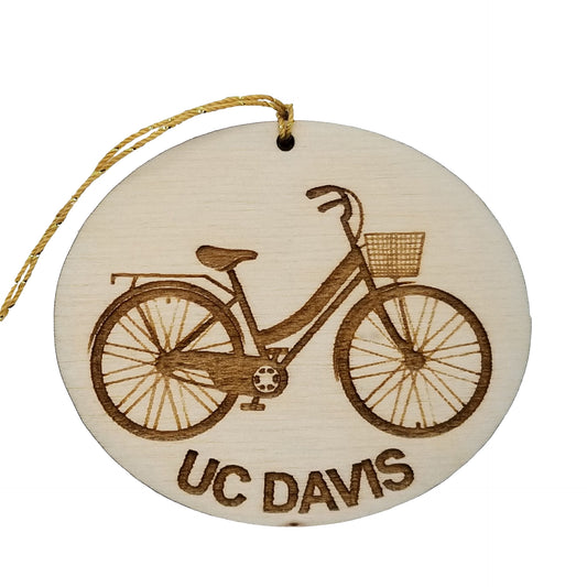 UC Davis Wood Ornament - Womens Bicycle with Basket and Bike Rack