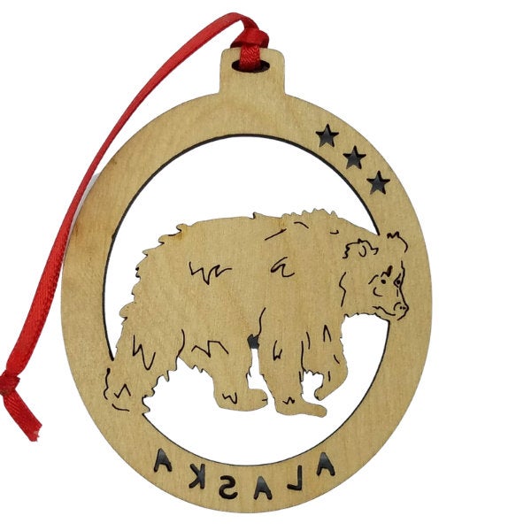 Bear Alaska Christmas Ornament Wood Laser Cut - Handmade in USA Travel Gift - Souvenir Memento - Stars