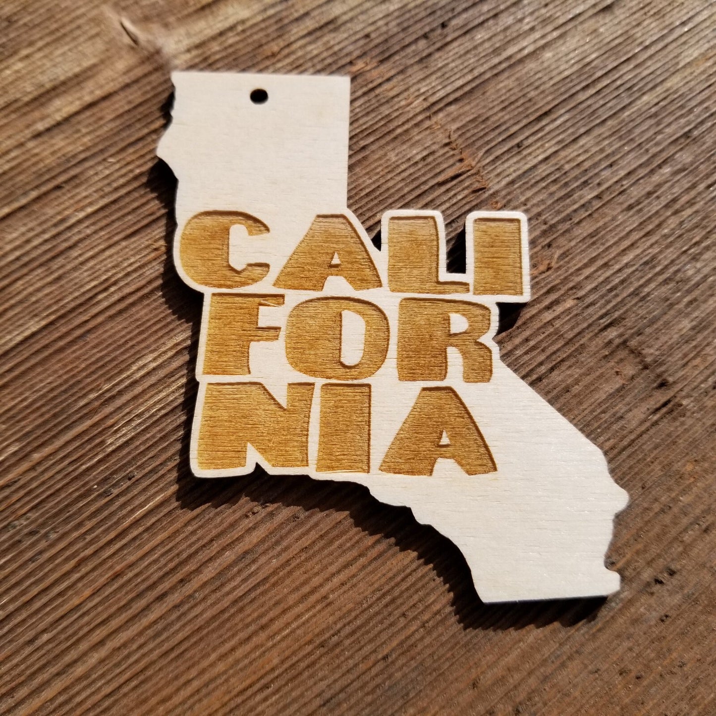 California State Christmas Ornament Bubble Spellout Letters Handmade Wood Ornament Made in USA Laser Cut Cutout Shape CA Souvenir