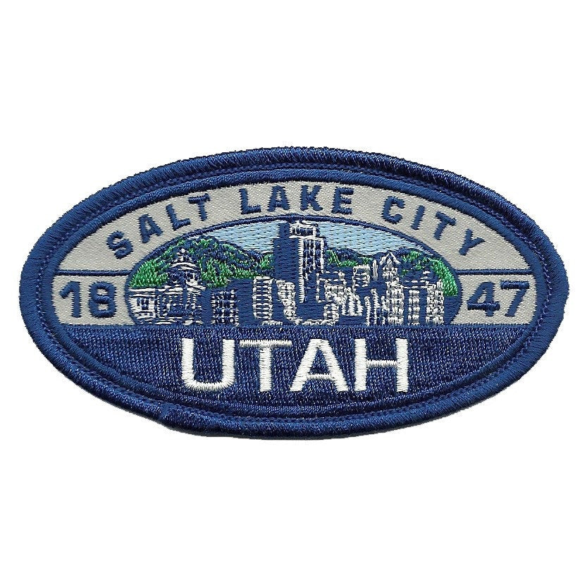 Salt Lake City Utah Patch – SLC UT Skyline – Travel Patch Iron On – UT Souvenir Patch – Embellishment Applique – Travel Gift 4″ Blue Oval