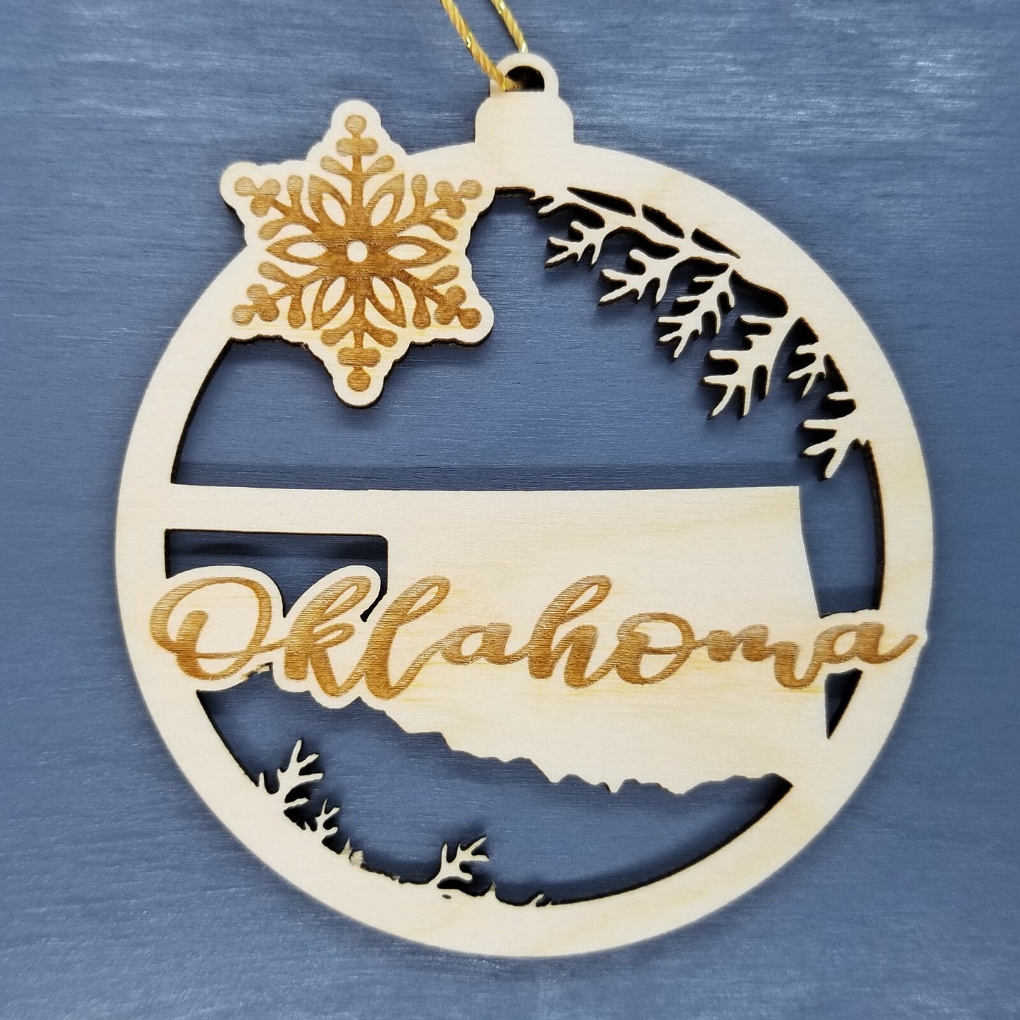 Oklahoma Wood Ornament -  State Shape with Snowflakes OK Cutout - Handmade Wood Ornament Made in USA Christmas Decor