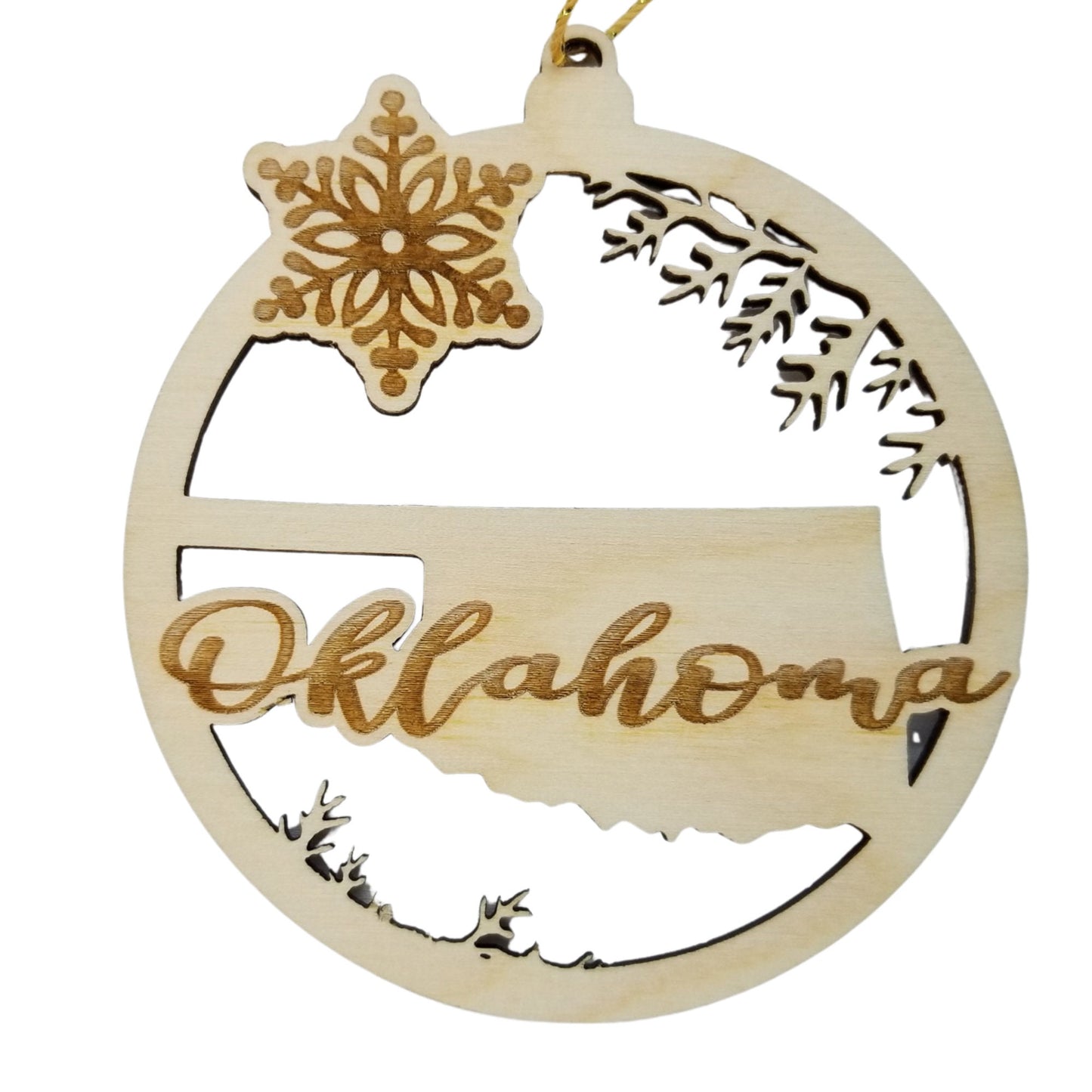 Oklahoma Wood Ornament -  State Shape with Snowflakes OK Cutout - Handmade Wood Ornament Made in USA Christmas Decor