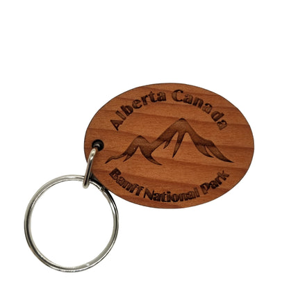 Banff National Park Keychain Alberta Canada Mountains Wood Keyring Souvenir Ski Skiing Skier Snowboard Resort Travel Gift Key Tag Bag