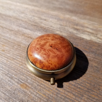 Redwood Pill Box 3 Sections Handmade Top California Burl Souvenir Memento Mothers Day Gift Antique Bronze #412