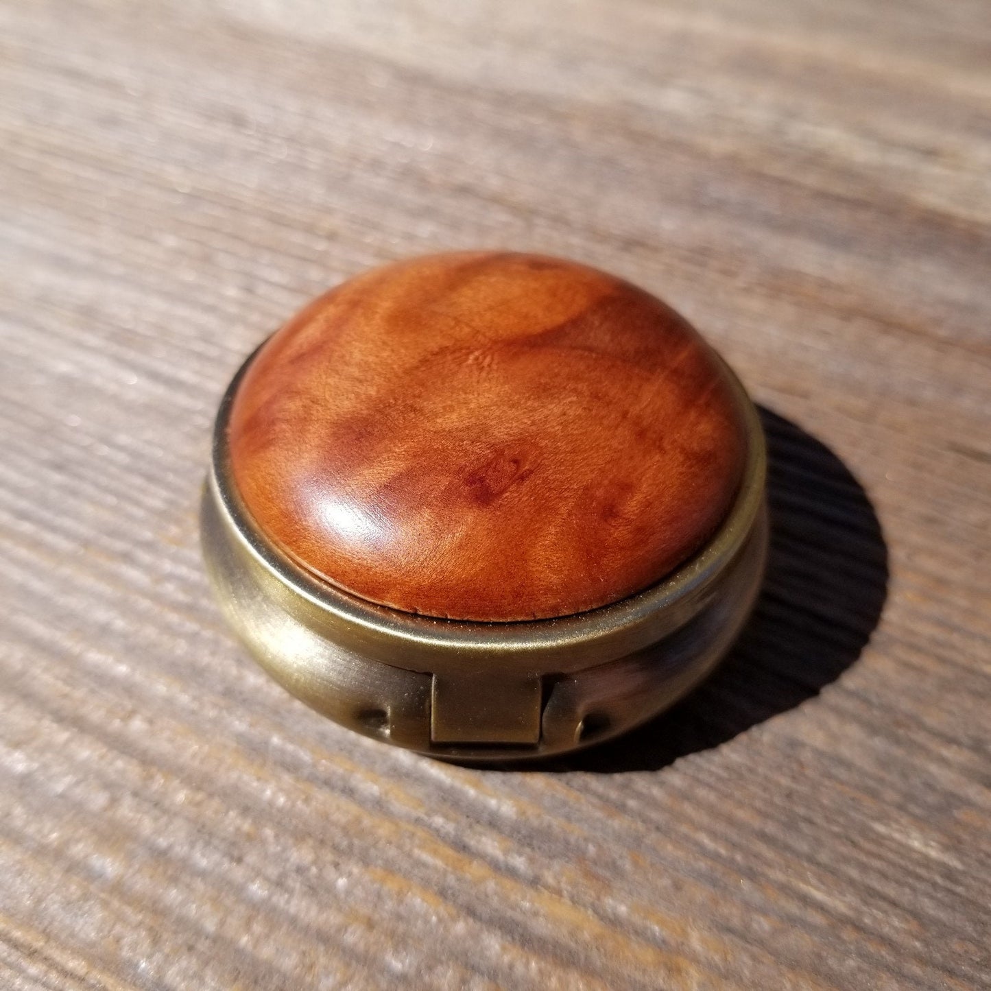 Handmade Pill Box 3 Sections California Redwood Burl Top Souvenir Memento Rustic Antique Bronze #408