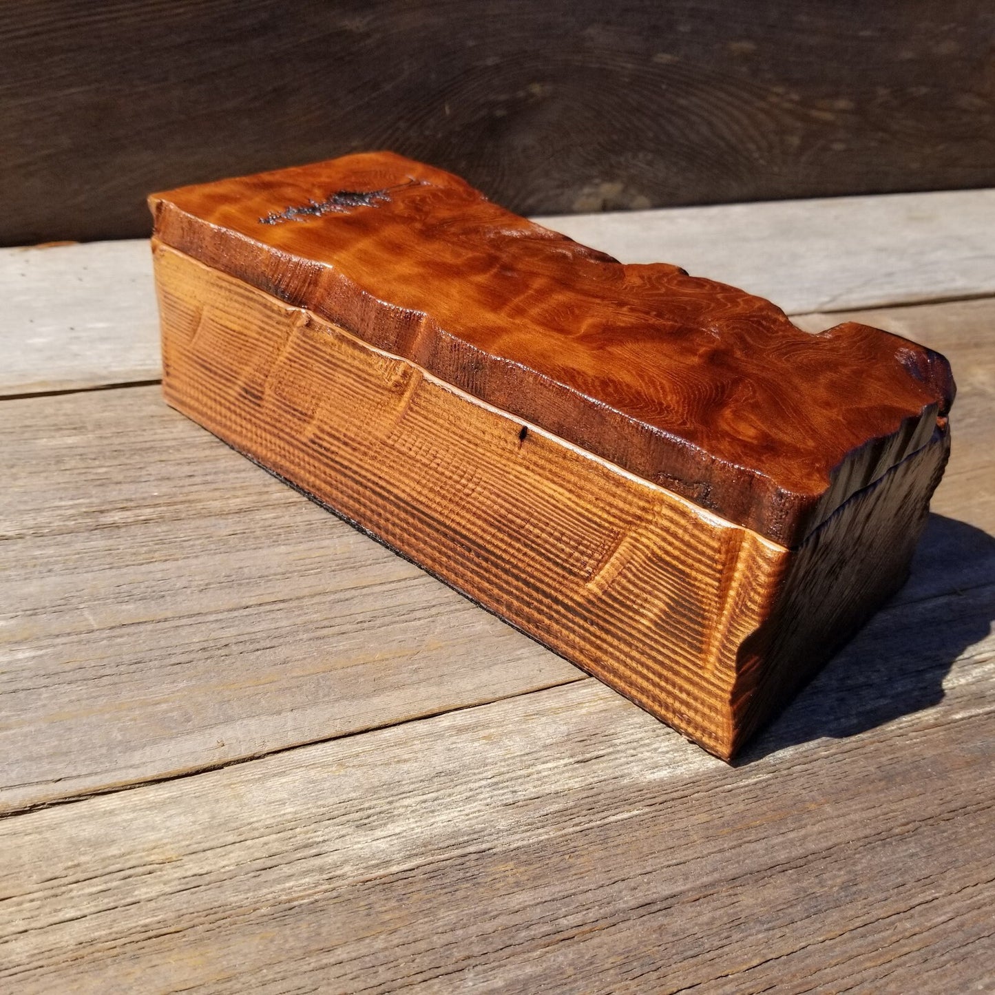 Handmade Wood Box with Redwood Tree Engraved Rustic Handmade Curly Wood #501 California Redwood Jewelry Box Storage Box