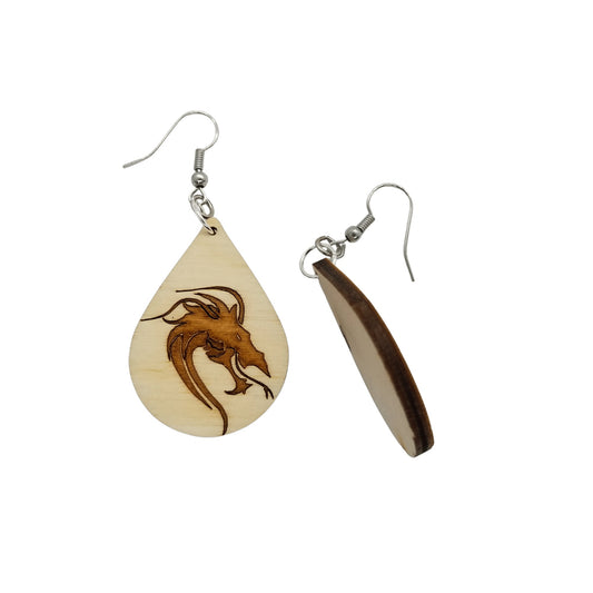 Wood Earrings - Dragon Head Engraved Teardrop Wood Earrings - Dangle Earrings - Chinese or Japanese Dragon Gift - Made in USA