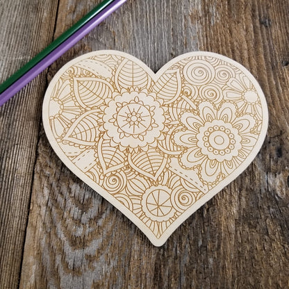 Color Your Own Wood Art ONLY DIY - Wood Trivet - Coloring Project - Craft Supply - Adult Craft Project - Floral Relaxation Gift Heart #4