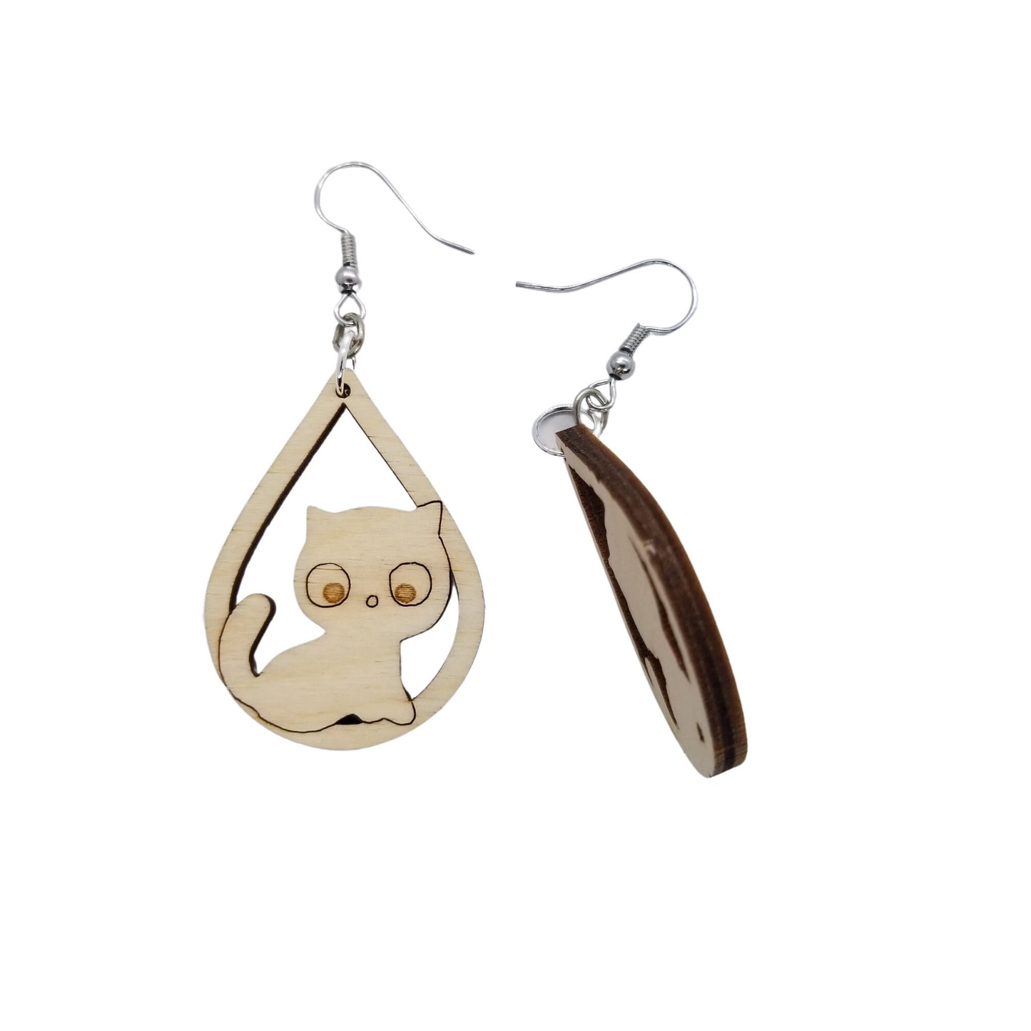 Wood Earrings - Cat Kitty Kitten Engraved Teardrop Wood Earrings - Dangle Earrings - Gift