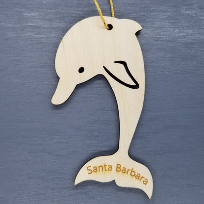 Santa Barbara California Ornament - Handmade Wood Ornament - CA Dolphin Vertical - Christmas Ornament 2.75 Inch