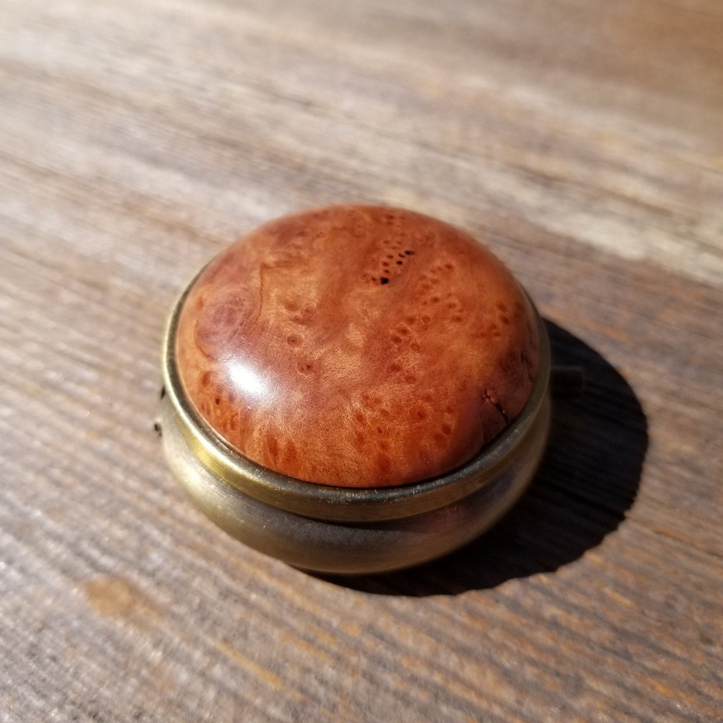 Redwood Pill Box 3 Sections Handmade Top California Burl Souvenir Memento Mothers Day Gift Antique Bronze #412