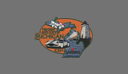 Michigan Patch – MI State Travel Patch Souvenir Applique 3" The Great Lakes State Lansing Iron on Robin Apple Blossoms Lighthouse