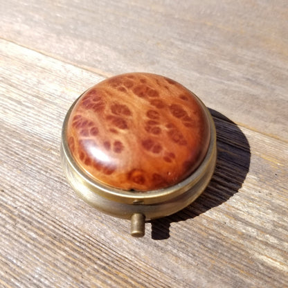 Redwood Pill Box 3 Sections Handmade Top California Burl Souvenir Memento Mothers Day Gift Antique Bronze #409