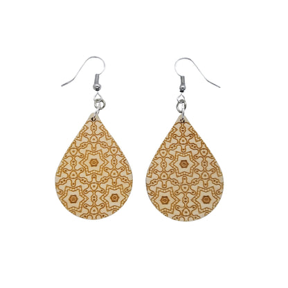 Wood Earrings - Abstract Gears Pattern Engraved Teardrop Wood Earrings - Dangle Earrings - Gift