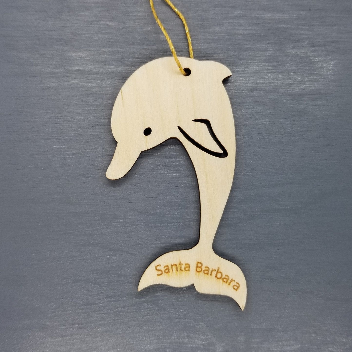 Santa Barbara California Ornament - Handmade Wood Ornament - CA Dolphin Vertical - Christmas Ornament 2.75 Inch