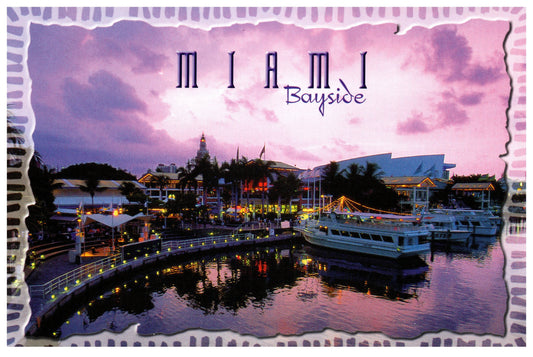 Vintage Florida Postcard Miami Bayside FL 4x6 1980s Scenic Florida Distributors 1990s Bayside Marketplace Martin Gordash Sunset Boats Lights