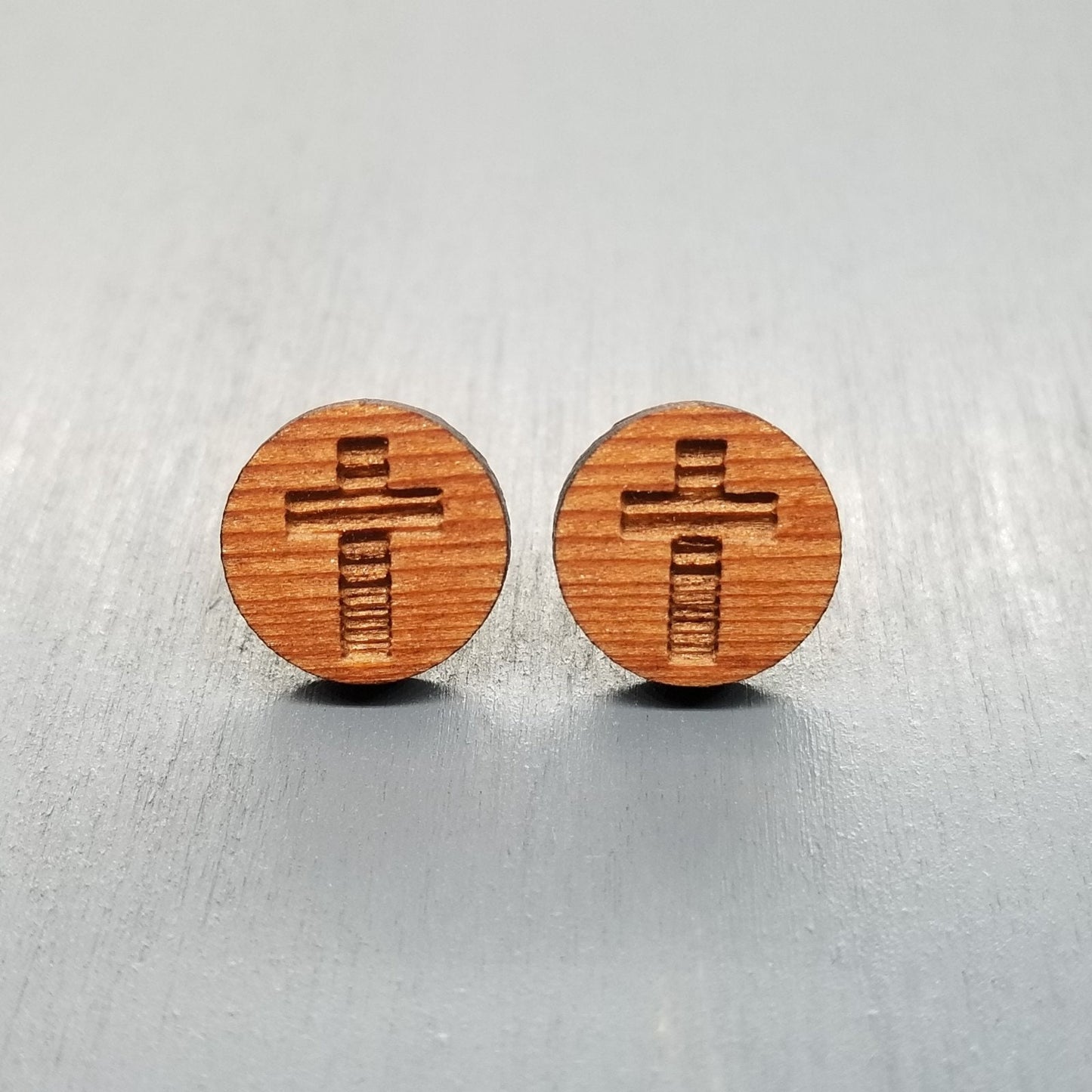 Cross Earrings - Wood Earrings - California Redwood Stud Earrings - Circle Post Earrings - Cross Gift