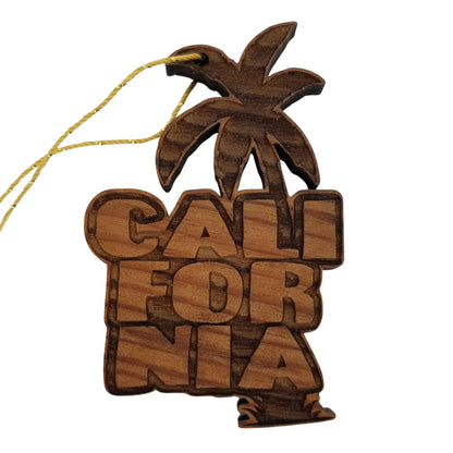 California Palm Trees Christmas Ornament Bubble Spellout Letters Handmade Wood Ornament Made in USA Laser Cut Cutout Shape CA Souvenir