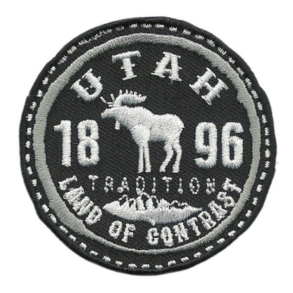 Utah Patch – Land of Contrast UT Souvenir Travel Patch - Black and White Moose Applique 2.5" Iron On Circle Emblem Badge