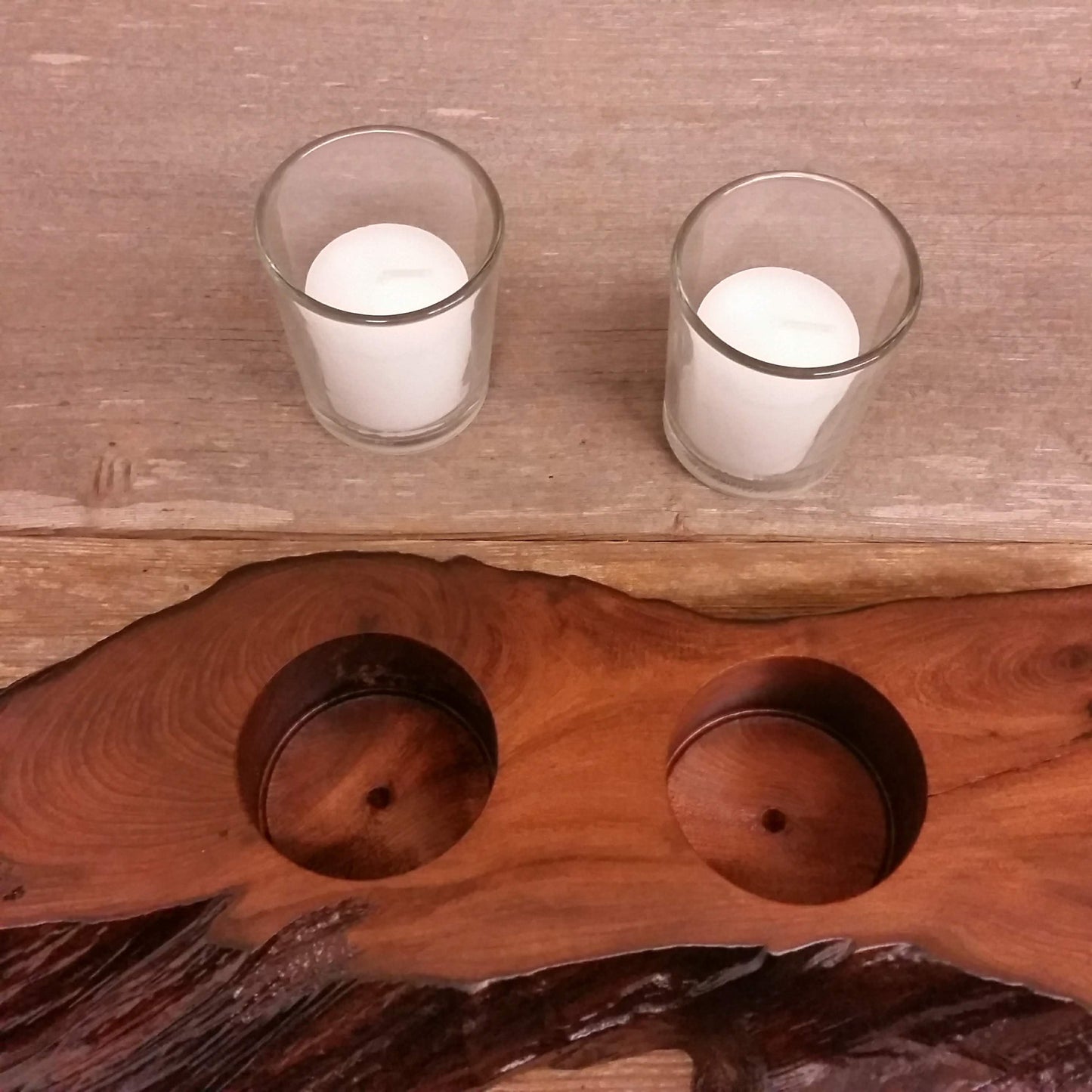 Redwood Candle Holder Rustic Glass 2 Votive Handmade Wood 5th Anniversary #T Wood Votive Candle Holder Rustic Home Decor