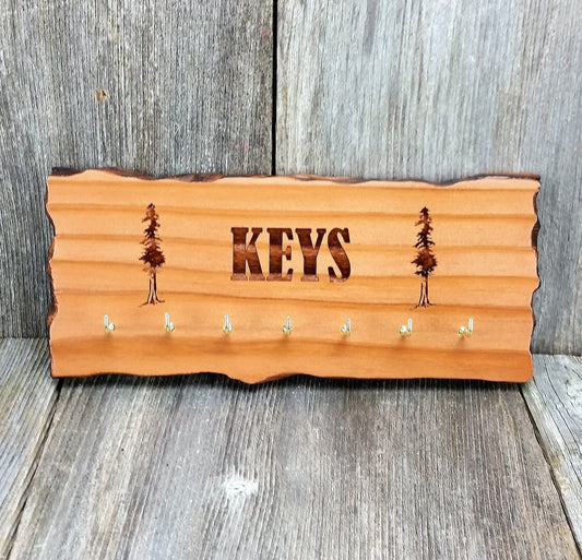 Wood Key Hooks 7 Hook Key Rack Handmade California Redwood Engraved Rustic Edge Slab Plaque #7