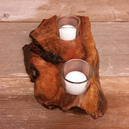 Redwood Candle Holder Rustic Glass 2 Votive Handmade Wood 2 Tone Color #Z Housewarming Gift Wedding Gift