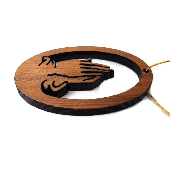 Praying Hands Christmas Ornament California Redwoods Handmade Wood Ornament Made in USA Laser Cut