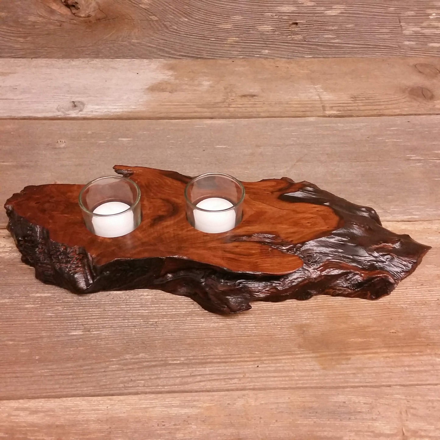 Redwood Candle Holder Rustic Glass 2 Votive Handmade Wood 5th Anniversary #U Housewarming Gift Wedding Gift