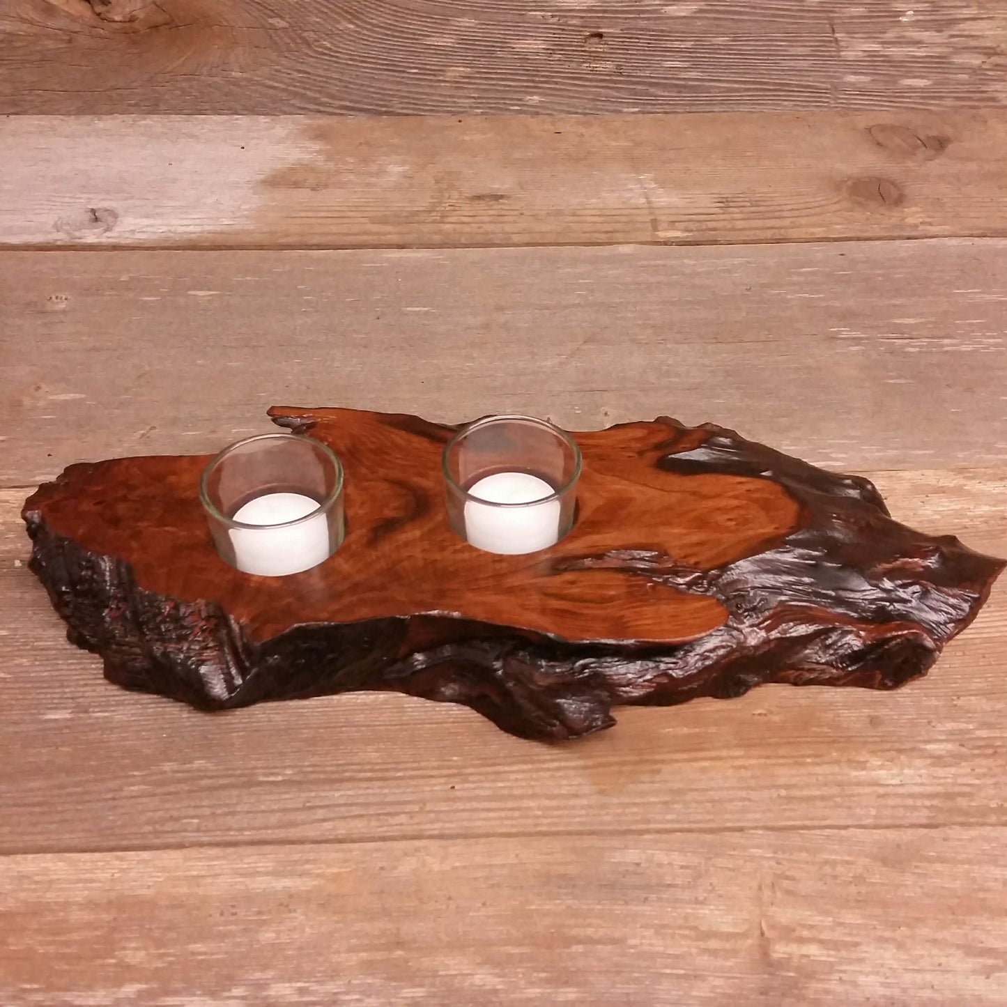 Redwood Candle Holder Rustic Glass 2 Votive Handmade Wood 5th Anniversary #U Housewarming Gift Wedding Gift