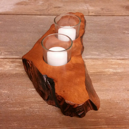 Wood Candle Holder Rustic Redwood 2 Votive Handmade #X Rustic Home Decor