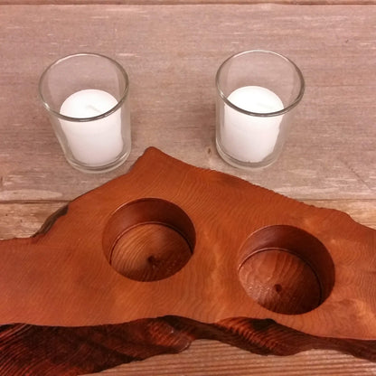 Wood Candle Holder Rustic Redwood 2 Votive Handmade #X Rustic Home Decor