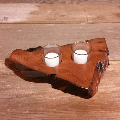 Wood Candle Holder 2 Votive Handmade 5th Anniversary #Y Rustic Home Decor Unique Gift Redwood