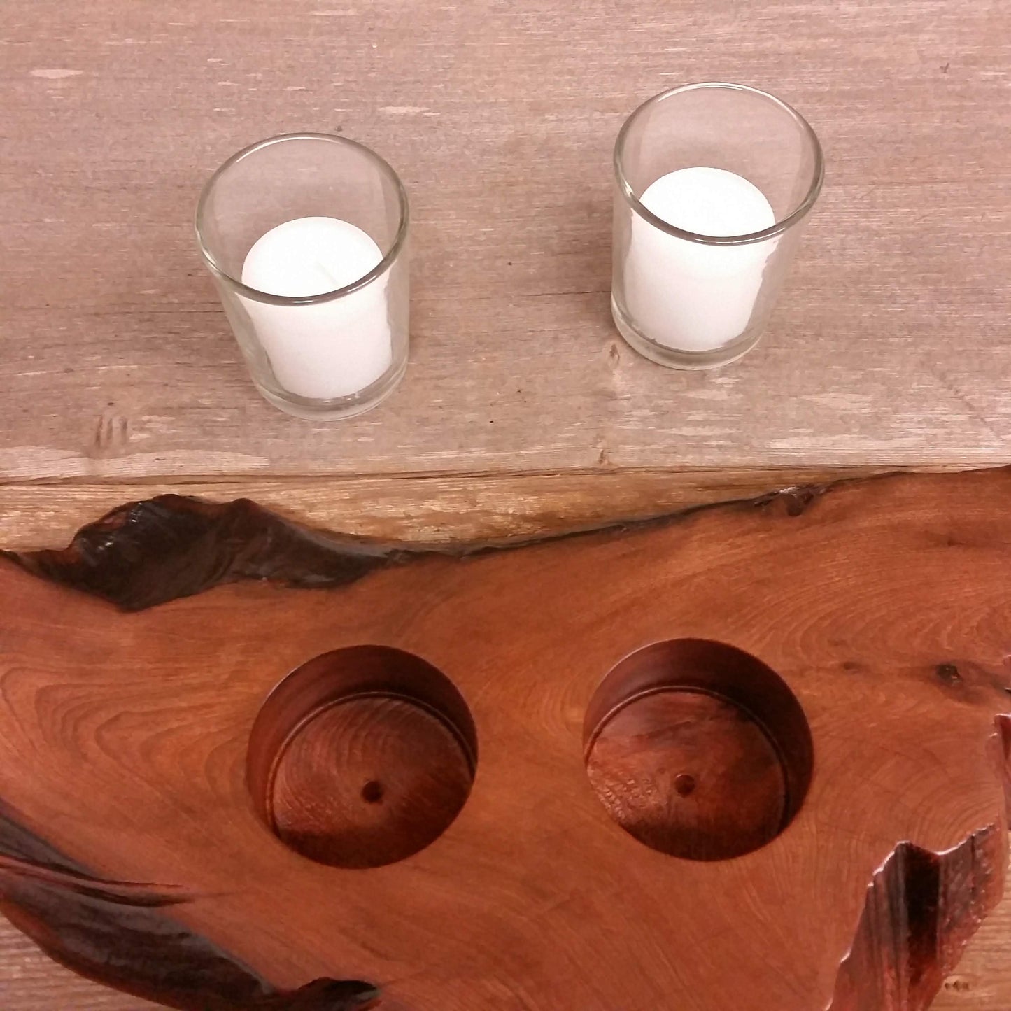 Wood Candle Holder 2 Votive Handmade 5th Anniversary #Y Rustic Home Decor Unique Gift Redwood