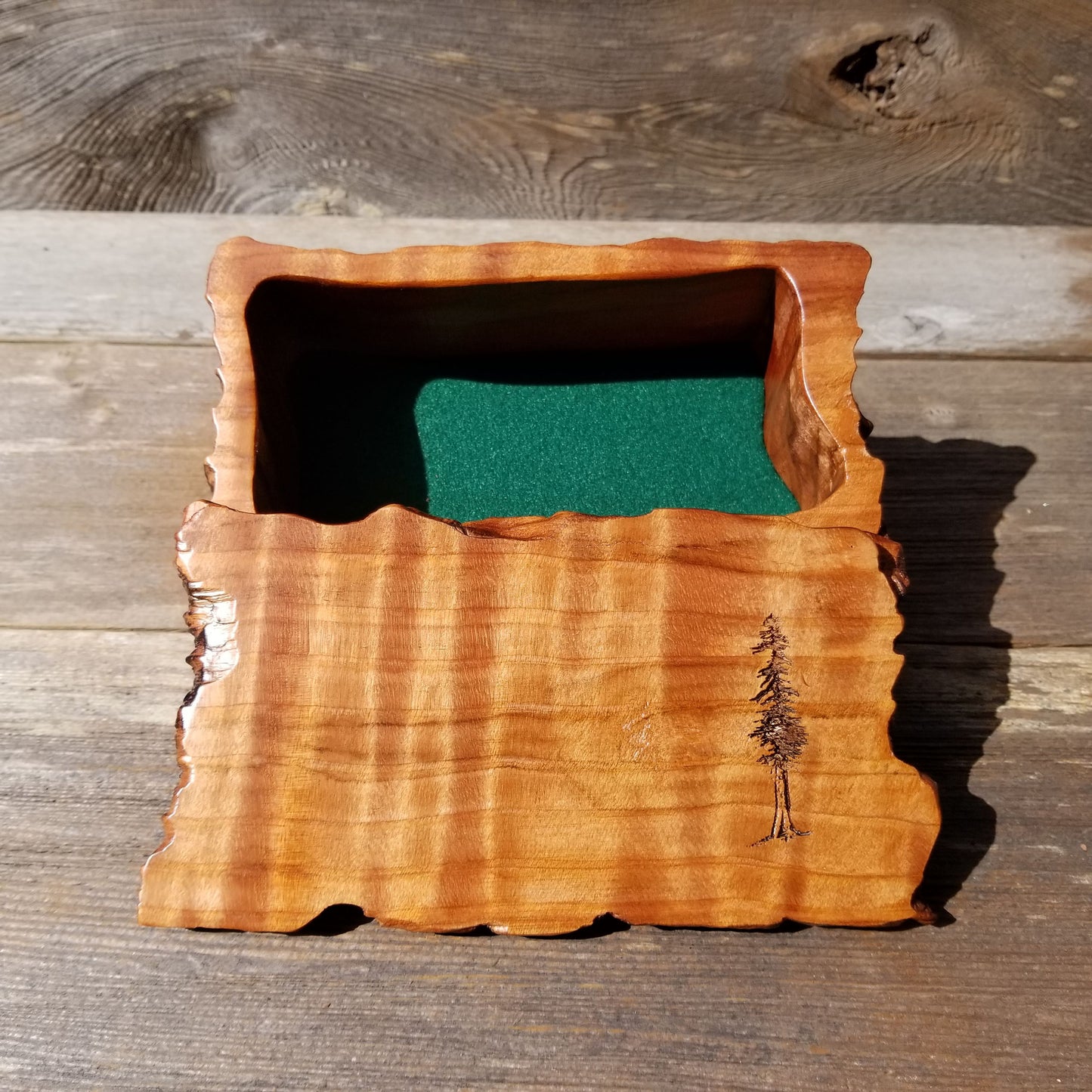 Handmade Wood Box with Redwood Tree Engraved Rustic Curly Wood #U