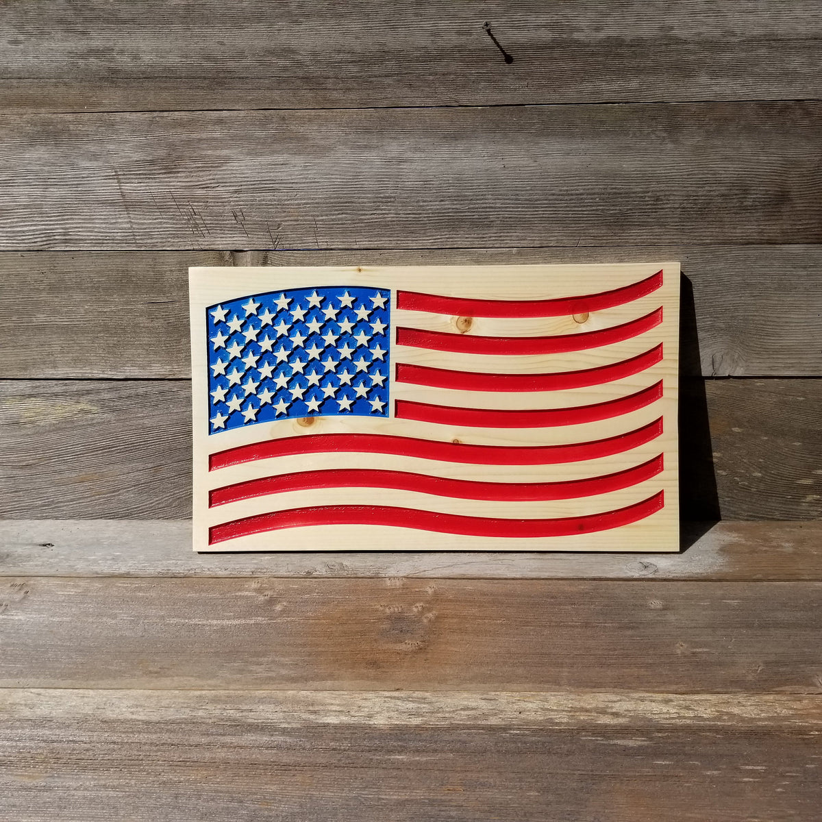 American Flag Carved Wood Sign Handmade USA Patriotism Rustic Knotty P ...