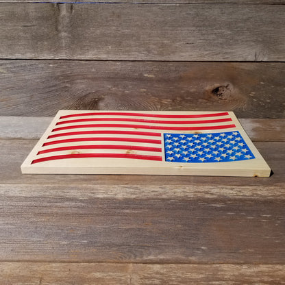 American Flag Carved Wood Sign Handmade USA Patriotism Rustic Knotty Pine Red White Blue