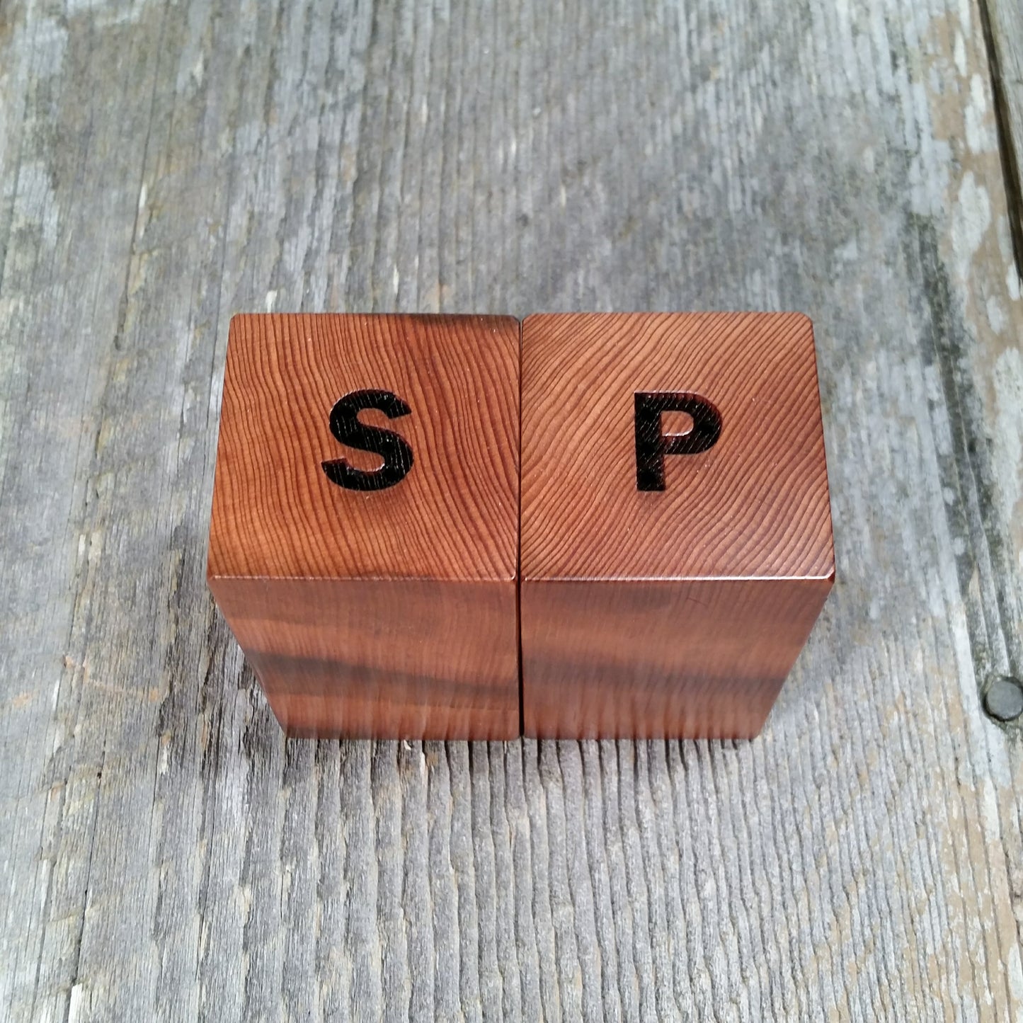 Salt and Pepper Shakers Wood Curly Handmade Redwood Square Set USA Made #2