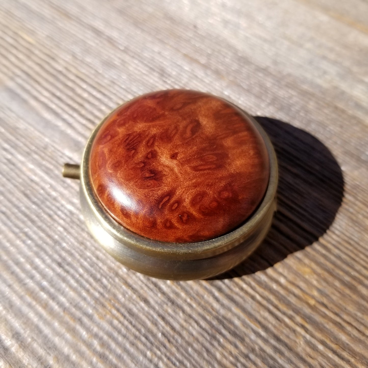 Handmade Pill Box 3 Sections Redwood Top California Burl Souvenir Memento Rustic Antique Bronze #208