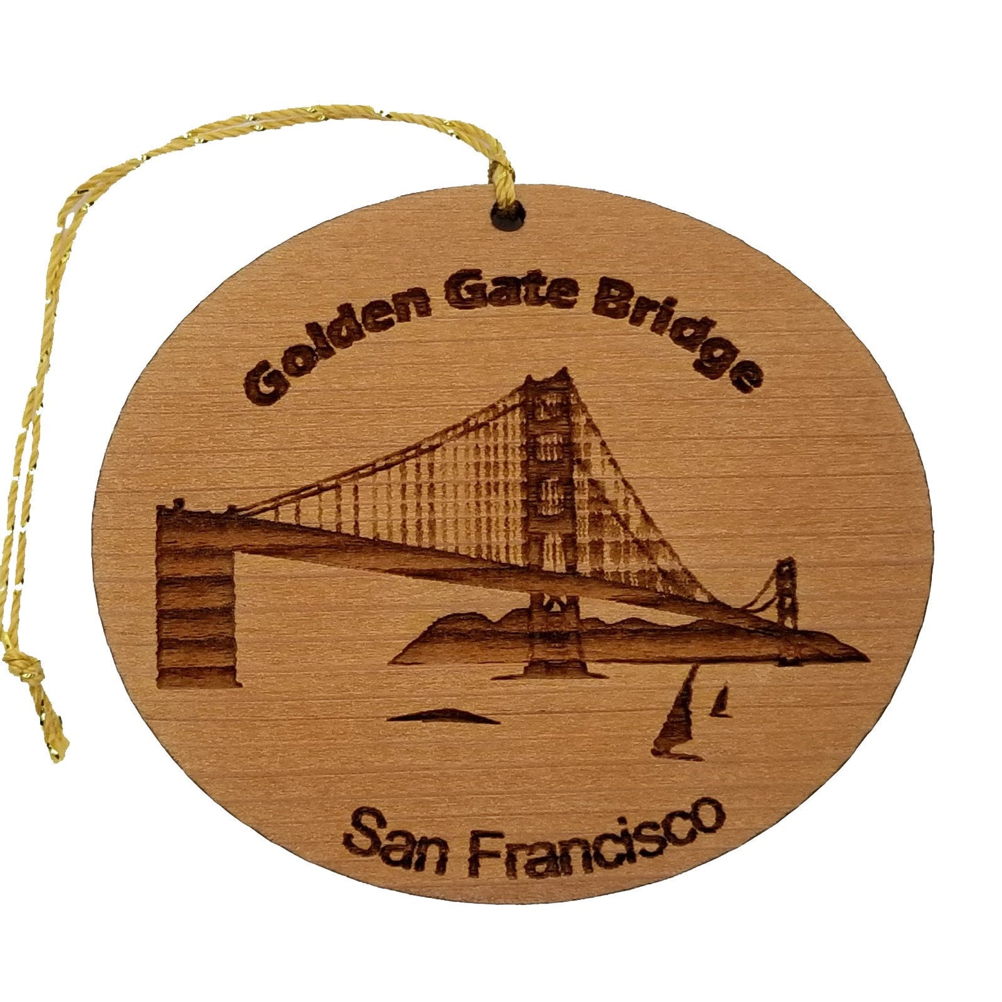 San Francisco California Golden Gate Bridge Christmas Ornament Handmade Wood Memento with Sailboats