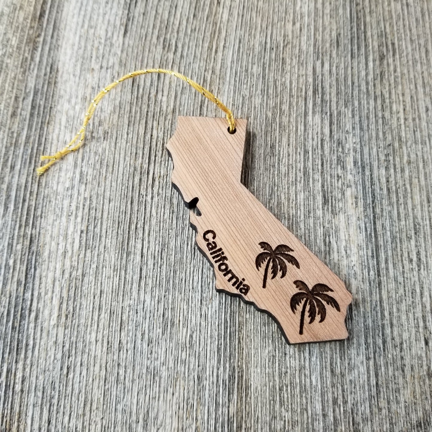 California State Shape Christmas Ornament Palm Trees Laser Cut Handmade Wood Ornament Made in USA