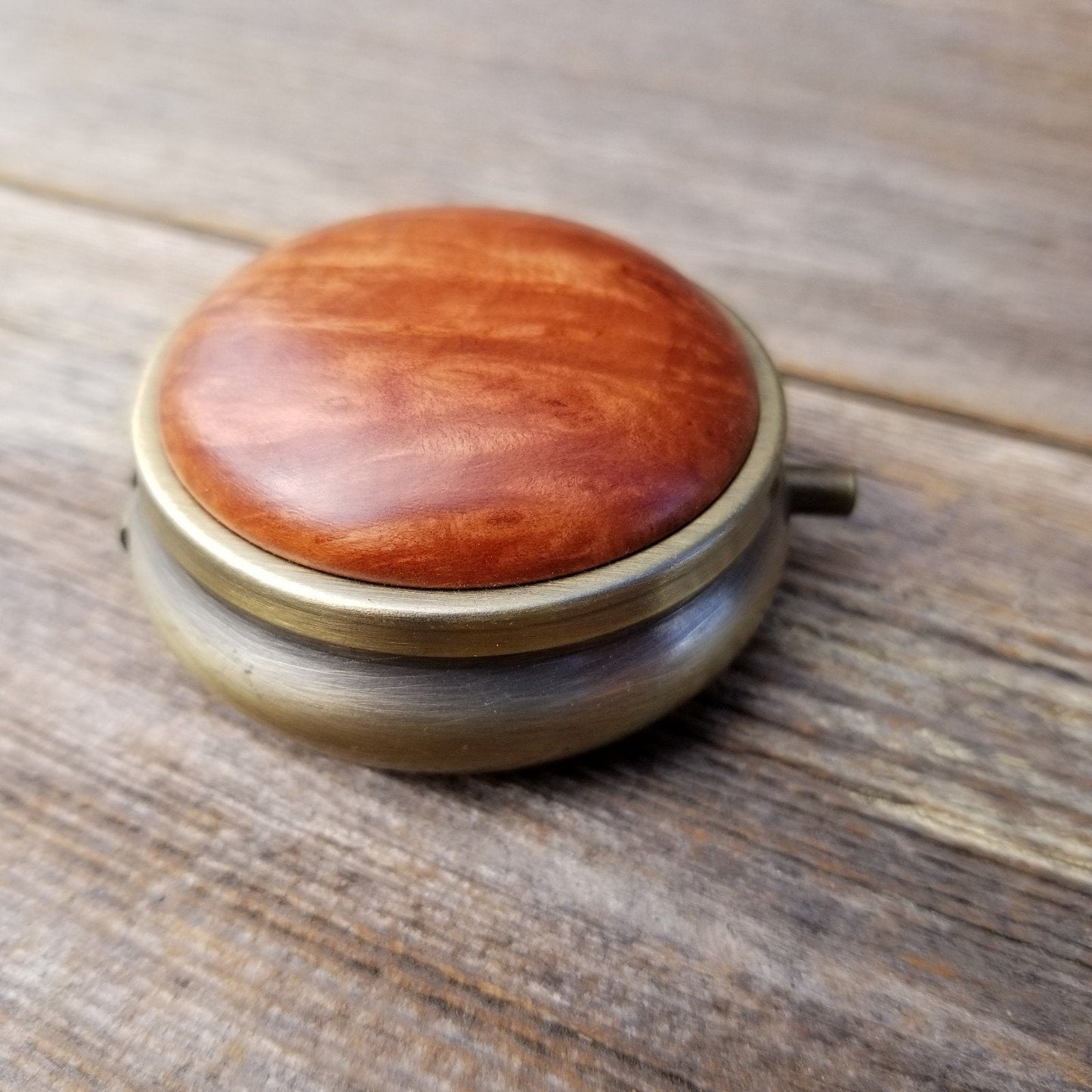 Handmade Pill Box 3 Sections Redwood Top California Burl Souvenir Memento Rustic Antique Bronze #167