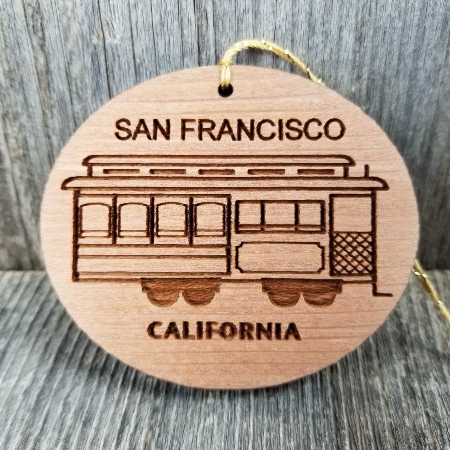 San Francisco California Cable Car Trolley Christmas Ornament Handmade Wood Souvenir Memento