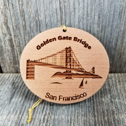 San Francisco California Golden Gate Bridge Christmas Ornament Handmade Wood Memento with Sailboats