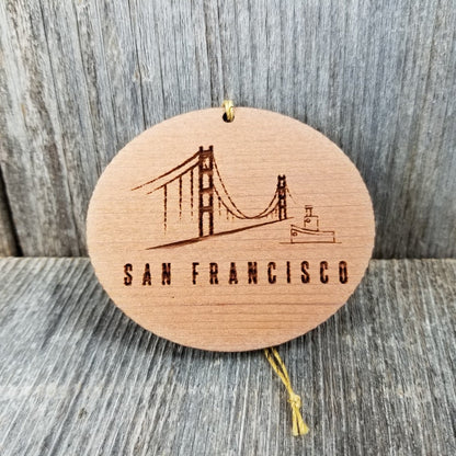 San Francisco California Golden Gate Bridge Christmas Ornament In the Fog Handmade Wood Tug Boat