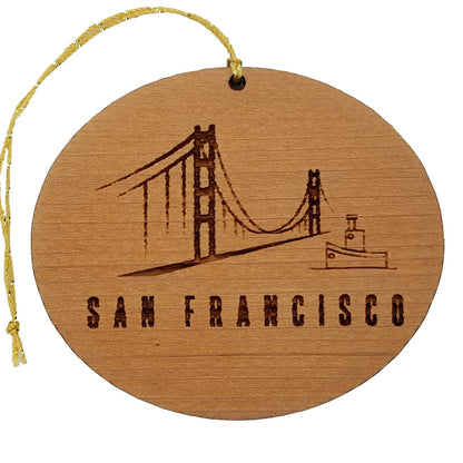 San Francisco California Golden Gate Bridge Christmas Ornament In the Fog Handmade Wood Tug Boat