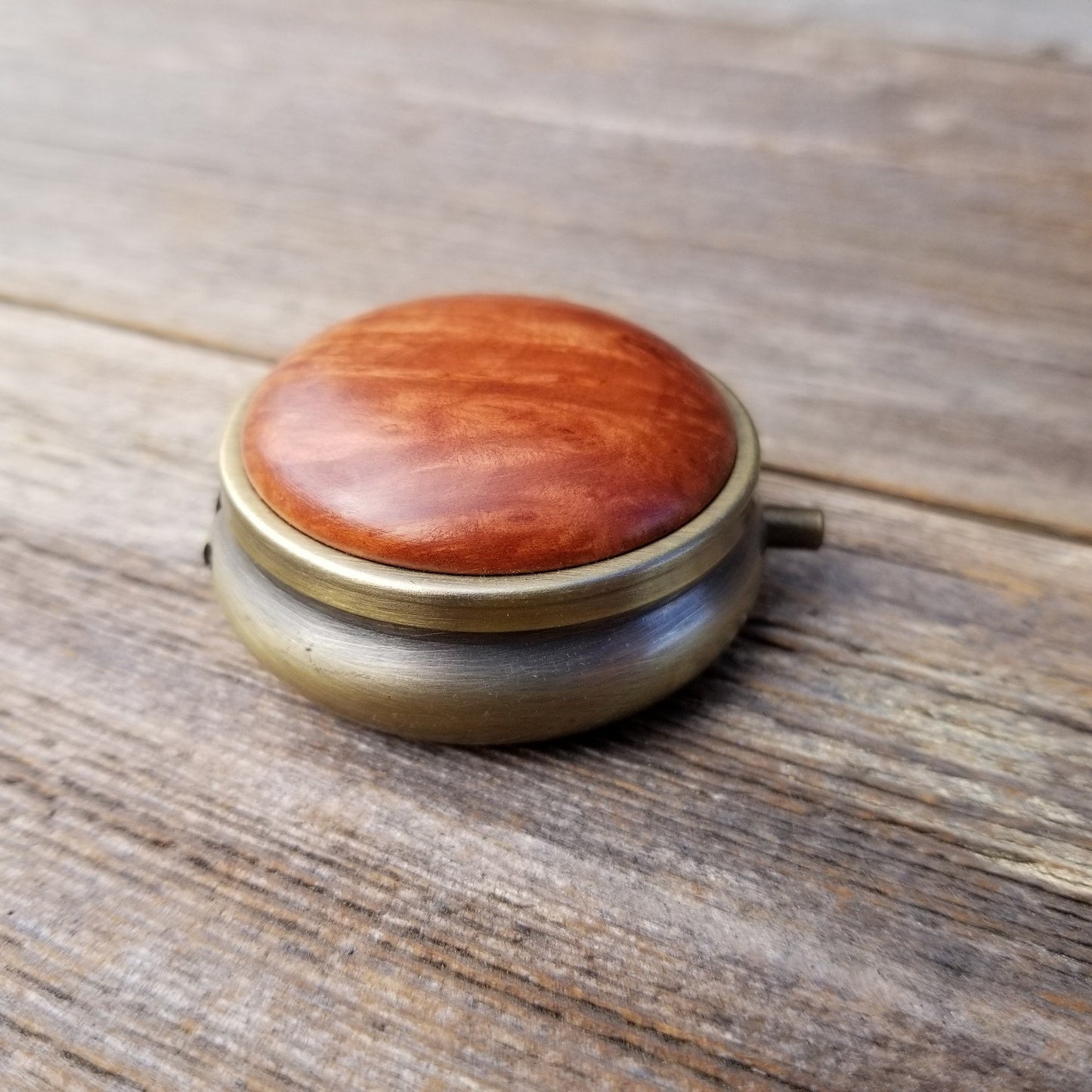 Handmade Pill Box 3 Sections Redwood Top California Burl Souvenir Memento Rustic Antique Bronze #167