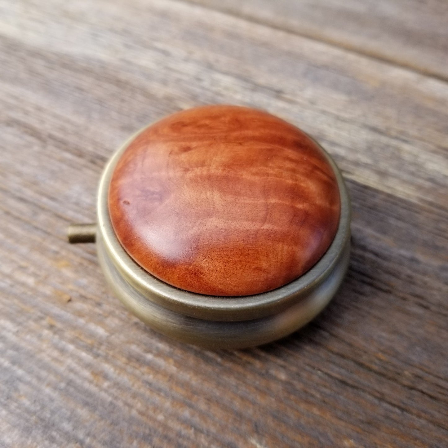 Handmade Pill Box 3 Sections Redwood Top California Burl Souvenir Memento Rustic Antique Bronze #167