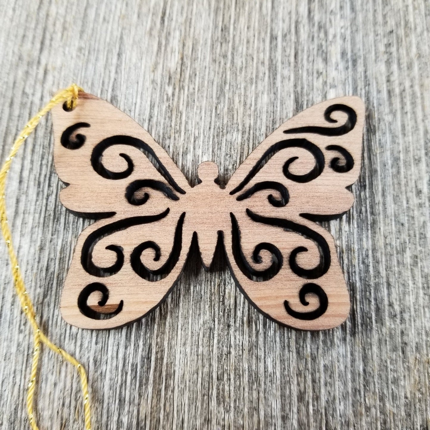 Butterfly Christmas Ornament Wood Ornament California Redwood Laser Cut Handmade Made in USA Collector Housewarming Red Wood