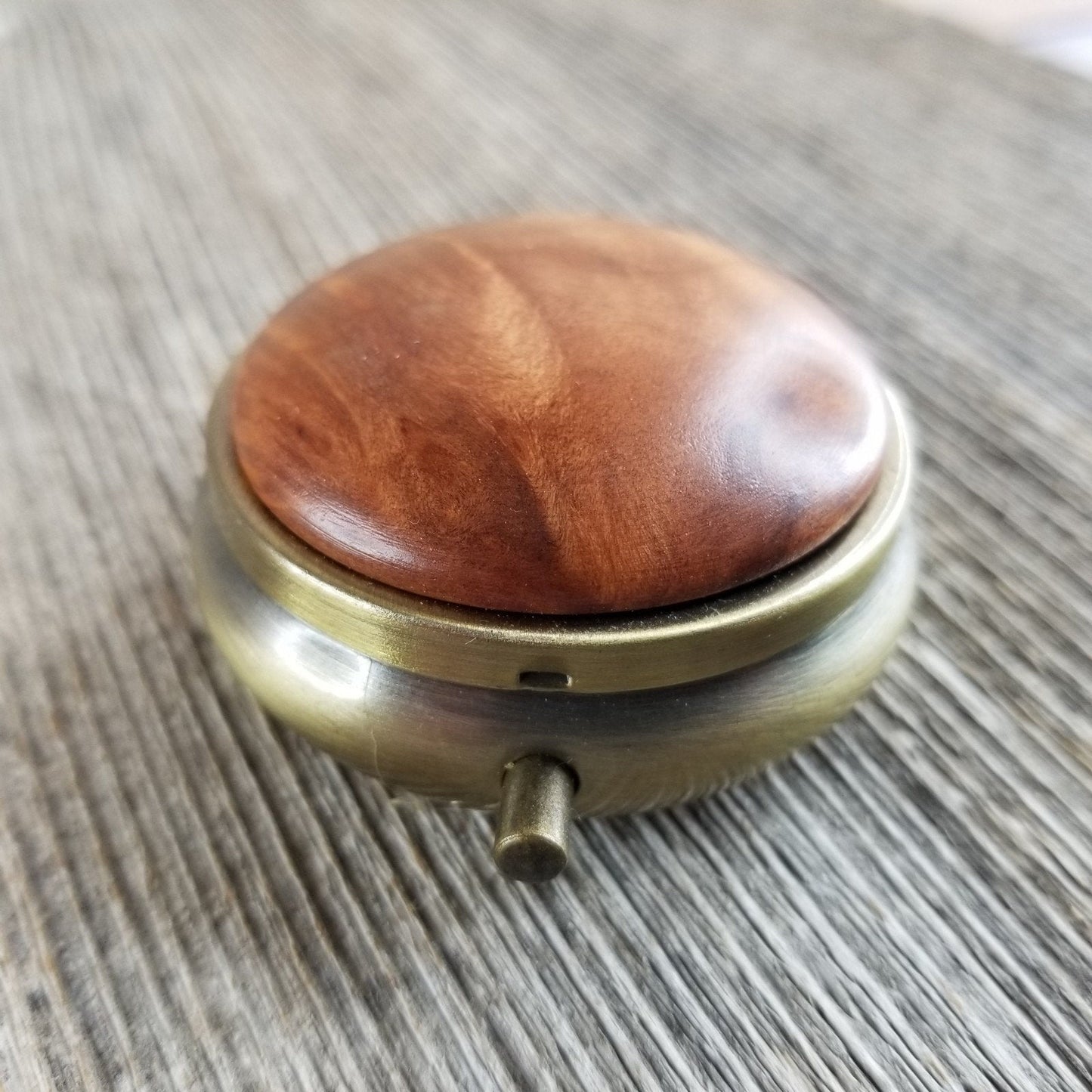 Redwood Pill Box 3 Sections Handmade Top California Burl Antique Bronze #283